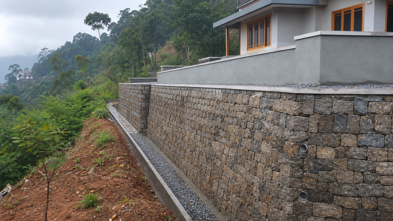 Stone retaining wall with drainage channel at a Kodaikanal hillside home